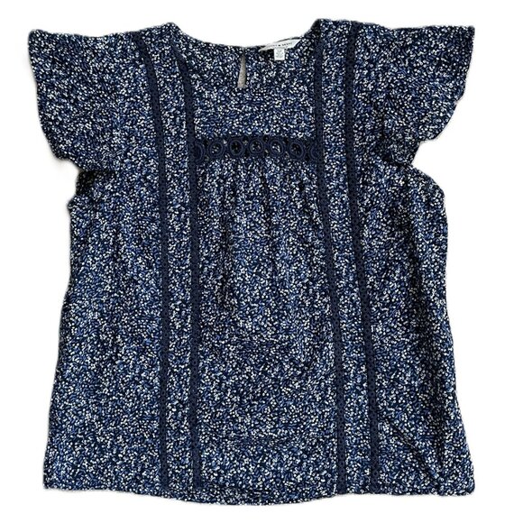 Lucky Brand Tops - Small Short Sleeve Blouse Blue and White with Crochet Lucky Grace Flutter